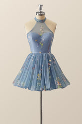 High Neck Blue Floral A-line Short Dress