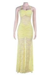 Halter Yellow Lace Sheer Fitted Long Dress