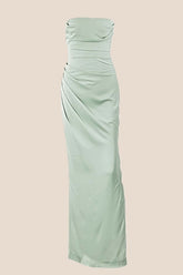 Strapless Sage Ruched Long Dress with Slit