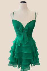 Straps Green Ruffles Short Dress with Bow