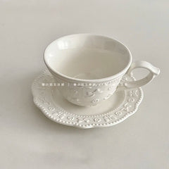 French Relief Coffee Cup Dish Set Exquisite Household Ceramic Drinking Cups With Handle White Round Plates 2Pcs Drinkware Suit