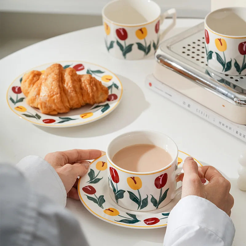 Hand Drawn Tulip Coffee Cup Set Ceramic Mug Dish Milk Juice Afternoon Tea Cup Plate Ceramic Cups with Hand Gift