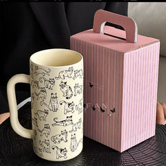 Ikeehome Simple Line Drawing Cat Pattern Coffee Mug - Large Capacity Ceramic Cup Gift for Couples Office Use Cartoon Breakfast