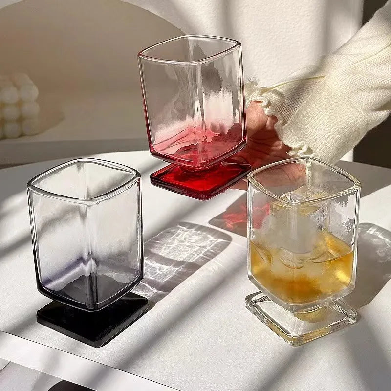 Ikeehome 180ml Retro Square Glass Cups Short Foot Drinkware Multicolored Kitchen Glass Juice Bubble Water Espresso Cups Kitchenware Gifts