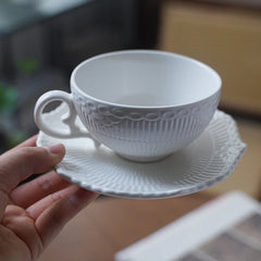 Ins Ceramic Handgrip Coffee Cup Exquisite Afternoon Tea Cup Dish 2Pcs Set French Style Household White Relief Drinkware