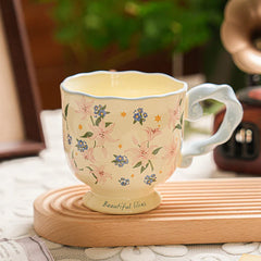 430ml Floral Ceramic Mug Large Capacity Breakfast Cup Couples Water Cups Holiday Gift for Girlfriend Office Water Handgrip Cup