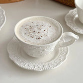 French Relief Coffee Cup Dish Set Exquisite Household Ceramic Drinking Cups With Handle White Round Plates 2Pcs Drinkware Suit