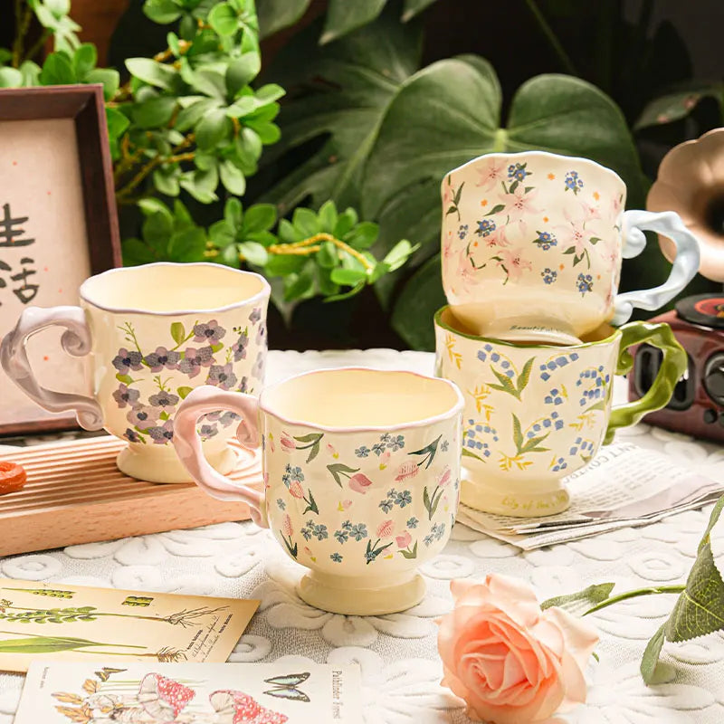 430ml Floral Ceramic Mug Large Capacity Breakfast Cup Couples Water Cups Holiday Gift for Girlfriend Office Water Handgrip Cup