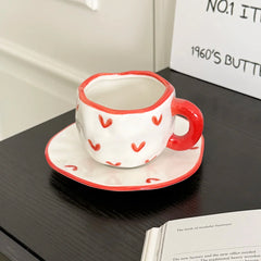 1Pc280Ml Original Design Scandinavian Style Hand-Kneaded Ceramic Coffee Cup and Saucer Multi-Color Plaid Heart Blue Sky and White Clouds Flower Mug Suitable for Afternoon Tea Milk Cup and Saucer Latte Cup Dessert Plate Cup an