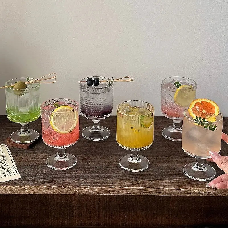 Retro Relief Sculpture Patterned Wine Glass Goblet Drink Fruit Juice Small Size Cups Thick Glass Home Kitchen Bar Supplies