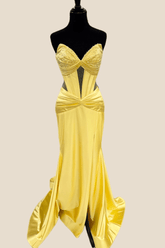 Strapless Yellow Beaded Long Dress with Slit