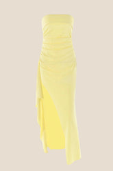 Strapless Yellow Pleated Long Dress with Slit