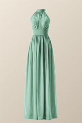 High Neck Mint Green Chiffon A-line Bridesmaid Dress