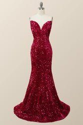 Strapless V Neck Fuchsia Sequin Mermaid Party Dress