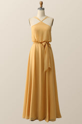 Halter Straps Yellow Chiffon Long Bridesmaid Dress