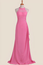 Hot Pink Halter Chiffon Draped Long Dress