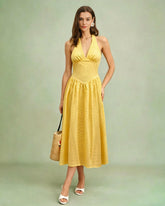 Yellow Halter Cut Out Textured Maxi Dress