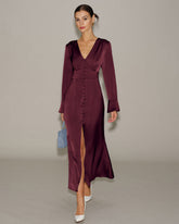 Wine Red V Neck Satin Maxi Dress