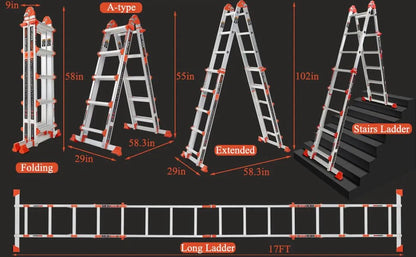 Ladder, A Frame 5 Step Ladder Extension, 17 Ft Anti-Slip Multi Position Ladder, Storage Folding Ladder, 330 lbs Security Load Telescoping Aluminum Ladders for Stairs Home Indoor Outdoor Roof