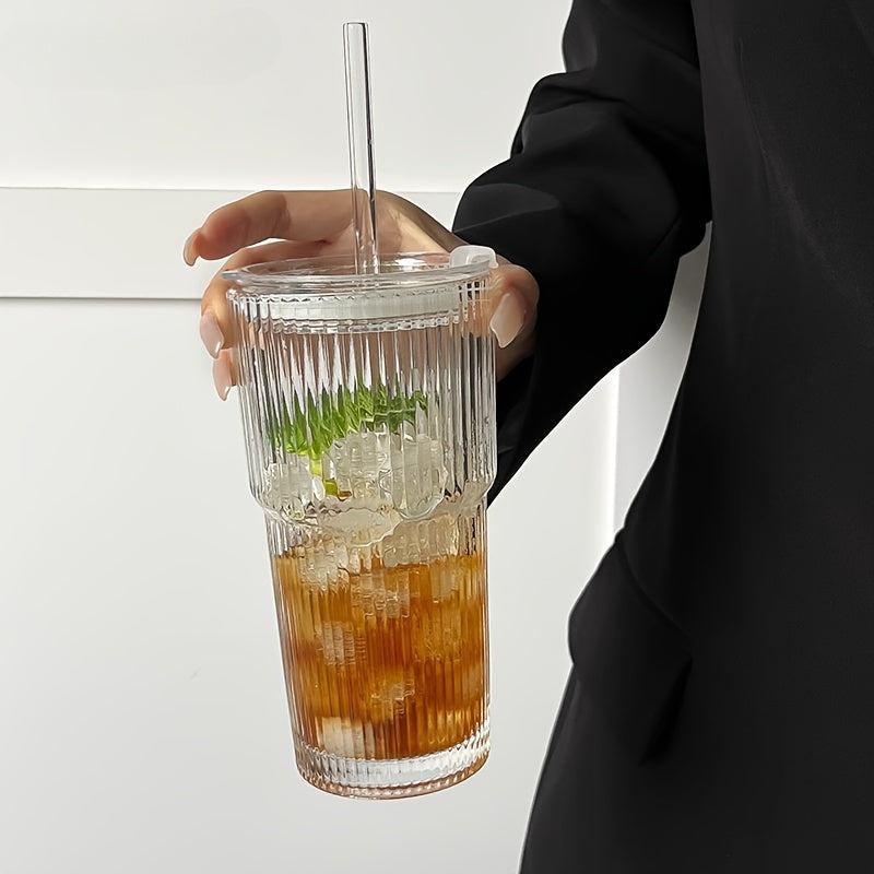 20.28oz Glass Coffee Mug - With Lid & Straw, Perfect for Coffee, Tea, Whiskey, Milk - Ideal for Home, Office, Travel, Drinking Cup