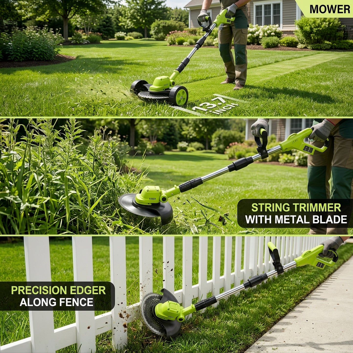 3-in-1 Cordless Lawn Mower with 2×21V Batteries, German Quality Lightweight Grass Trimmer & Edger for Small to Medium Gardens