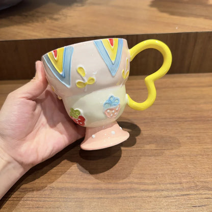 Hand-Painted Underglaze Cerc Mugs Cute Relief Design Birthday Gift for Women Couples Water Cups High Aesthetic Value