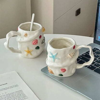 300ml Milk Cup Seashell Ceramic Mug Ocean Themed 3D Coffee Cup Cute Gift for Women/Men Handmade Festival Gift Kitchen Accessorie