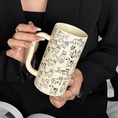 Ikeehome  ‌Simple Line Drawing Cat Pattern Coffee Mug - Large Capacity Ceramic Cup Gift for Couples Office Use Cartoon Breakfast