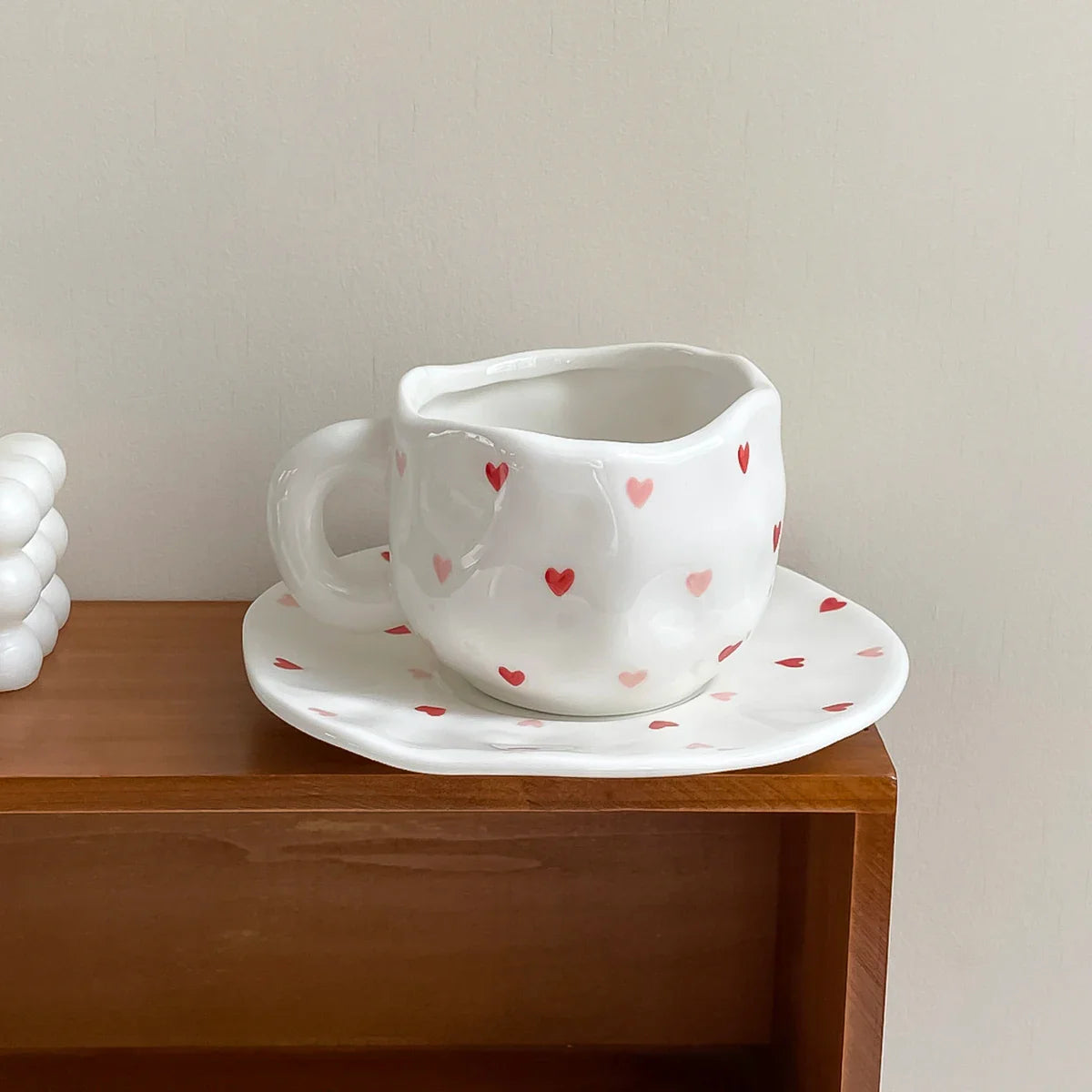 1Pc280Ml Original Design Scandinavian Style Hand-Kneaded Ceramic Coffee Cup and Saucer Multi-Color Plaid Heart Blue Sky and White Clouds Flower Mug Suitable for Afternoon Tea Milk Cup and Saucer Latte Cup Dessert Plate Cup an
