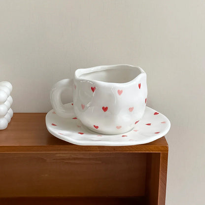 1Pc280Ml Original Design Scandinavian Style Hand-Kneaded Ceramic Coffee Cup and Saucer Multi-Color Plaid Heart Blue Sky and White Clouds Flower Mug Suitable for Afternoon Tea Milk Cup and Saucer Latte Cup Dessert Plate Cup an