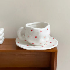 1Pc280Ml Original Design Scandinavian Style Hand-Kneaded Ceramic Coffee Cup and Saucer Multi-Color Plaid Heart Blue Sky and White Clouds Flower Mug Suitable for Afternoon Tea Milk Cup and Saucer Latte Cup Dessert Plate Cup an