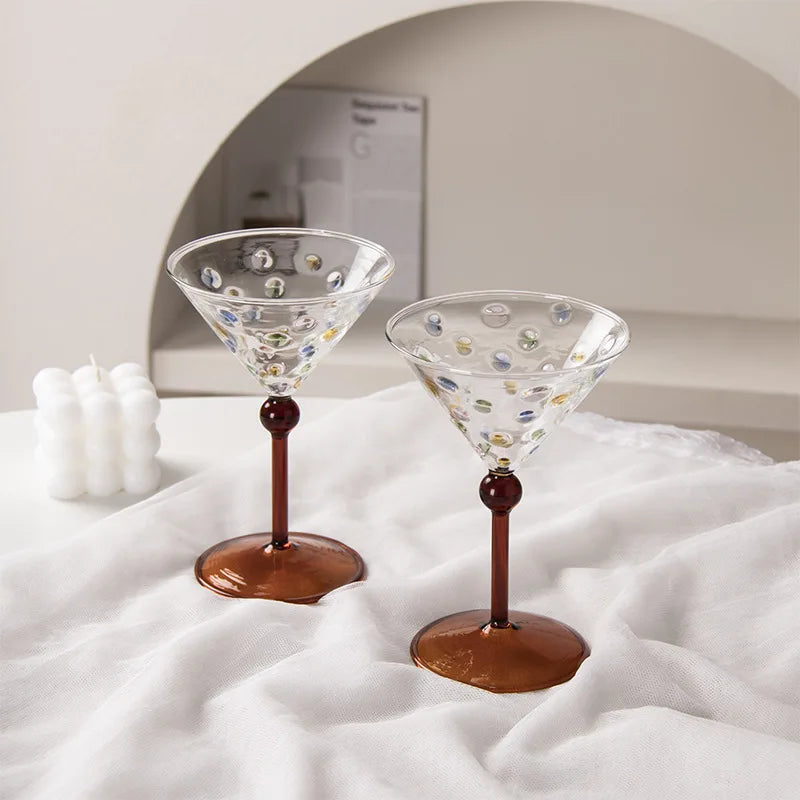 Retro Colorful Polka Dots Glass Cup Transparent Cocktail Glasses High Footed Cocktail Champagne Glasses Home Bar Party Drinkware