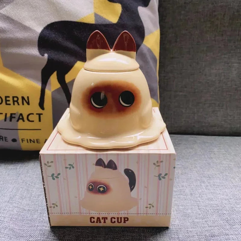 Ceramic Mug Cartoon Siamese Cat Cute Office Mug Birthday Gift Household Siamese Cat High Appearance Level Coffee Cup with Cover