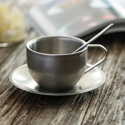 Japanese Industrial Style Vintage Frosted Old 304 Stainless Steel Coffee Cup, Saucer and Spoon Set Home Matte Tableware