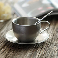 Japanese Industrial Style Vintage Frosted Old 304 Stainless Steel Coffee Cup, Saucer and Spoon Set Home Matte Tableware