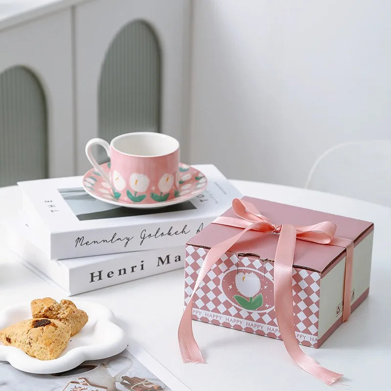 Hand Drawn Tulip Coffee Cup Set Ceramic Mug Dish Milk Juice Afternoon Tea Cup Plate Ceramic Cups with Hand Gift
