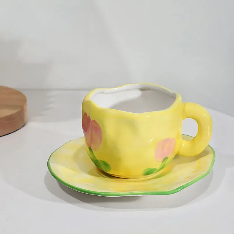 300ML Blue Sky and White Clouds Coffee Cup Tableware Set Hand-painted Ceramic Mug Milk Breakfast Cup Cute Coffee Tableware