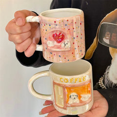 Cute Cartoon Pearlescent Relief Puppy Mug Home High Appearance Level Ceramic Cup Kitchen Creative Couple Breakfast Coffee Cups