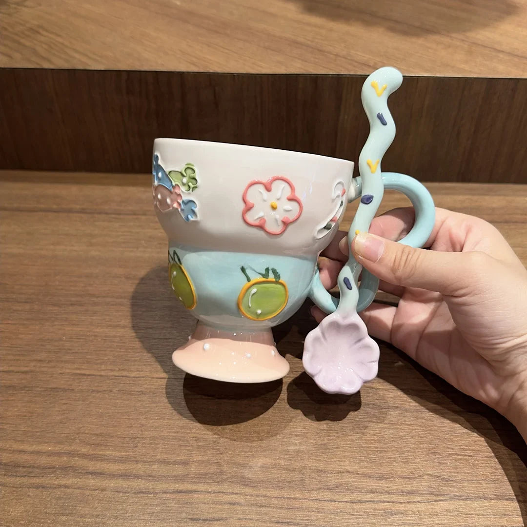 Hand-Painted Underglaze Cerc Mugs Cute Relief Design Birthday Gift for Women Couples Water Cups High Aesthetic Value