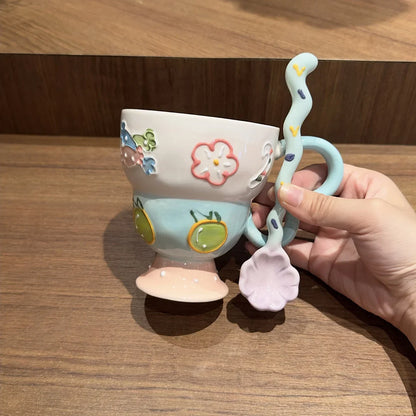 Hand-Painted Underglaze Cerc Mugs Cute Relief Design Birthday Gift for Women Couples Water Cups High Aesthetic Value