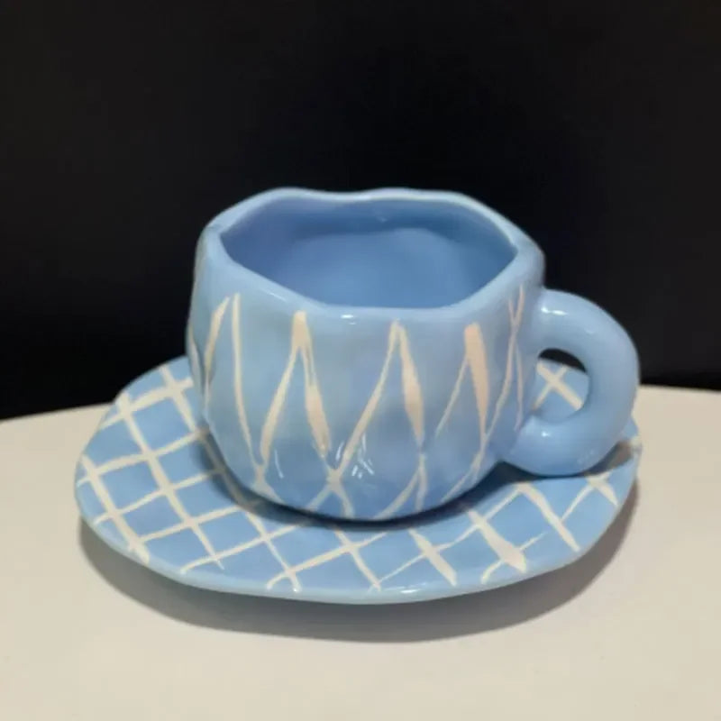 300ML Blue Sky and White Clouds Coffee Cup Tableware Set Hand-painted Ceramic Mug Milk Breakfast Cup Cute Coffee Tableware
