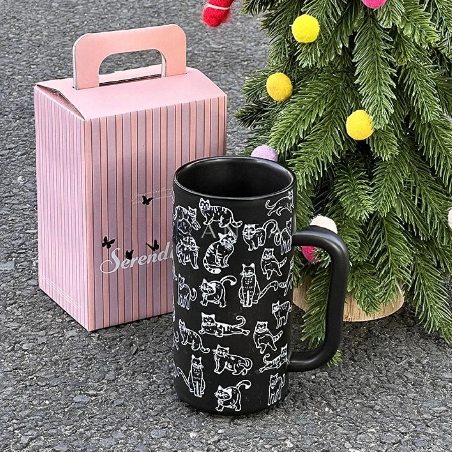 Ikeehome  ‌Simple Line Drawing Cat Pattern Coffee Mug - Large Capacity Ceramic Cup Gift for Couples Office Use Cartoon Breakfast