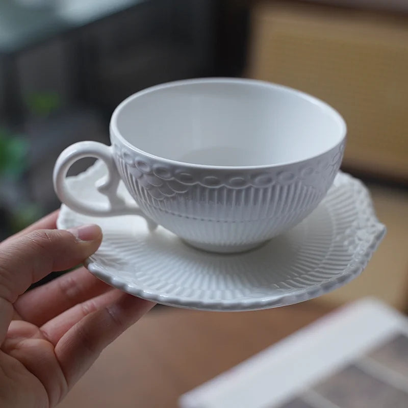 Ins Ceramic Handgrip Coffee Cup Exquisite Afternoon Tea Cup Dish 2Pcs Set French Style Household White Relief Drinkware
