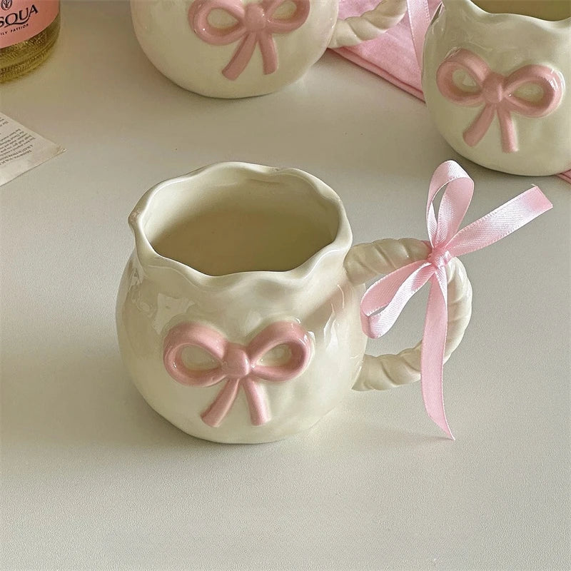 Irregular Handmade Relief Pink Bow Coffee Ceramic Cup Gift Water Cup Kawaii Cup
