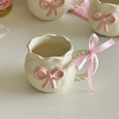 Irregular Handmade Relief Pink Bow Coffee Ceramic Cup Gift Water Cup Kawaii Cup