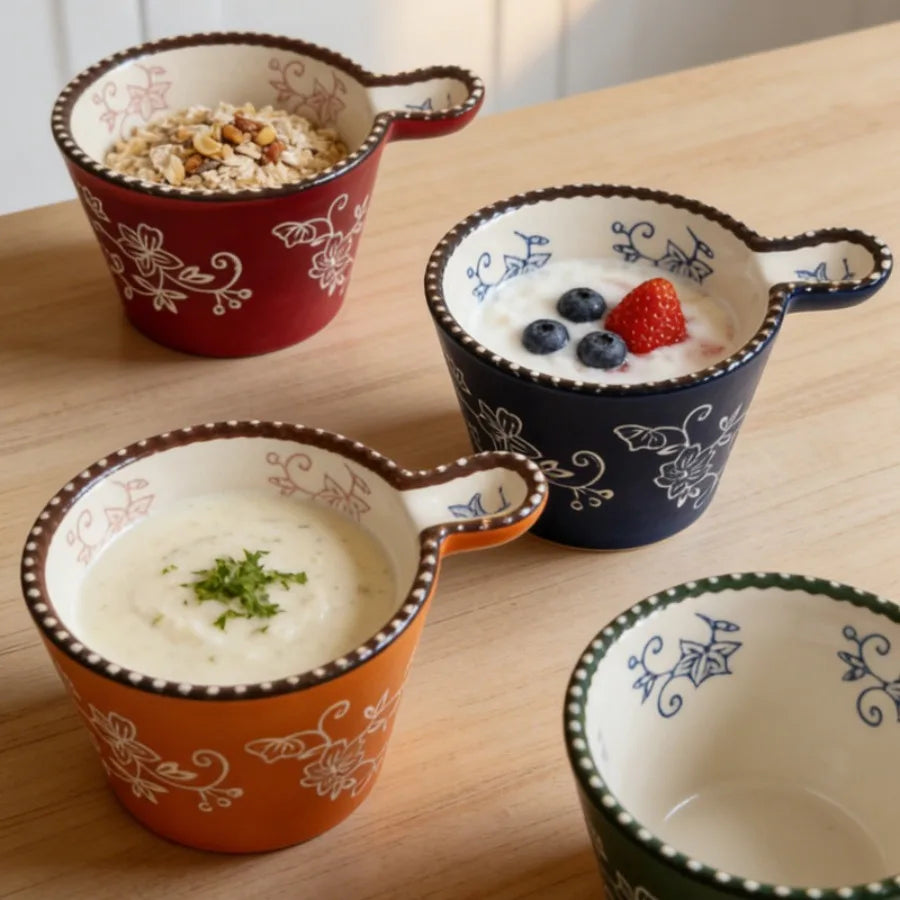 Ceramic Bowl with Handle Multifunctional Baking Bowl Oven Microwave Handmade French Tableware Coffee Cup Breakfast Cereal Bowl