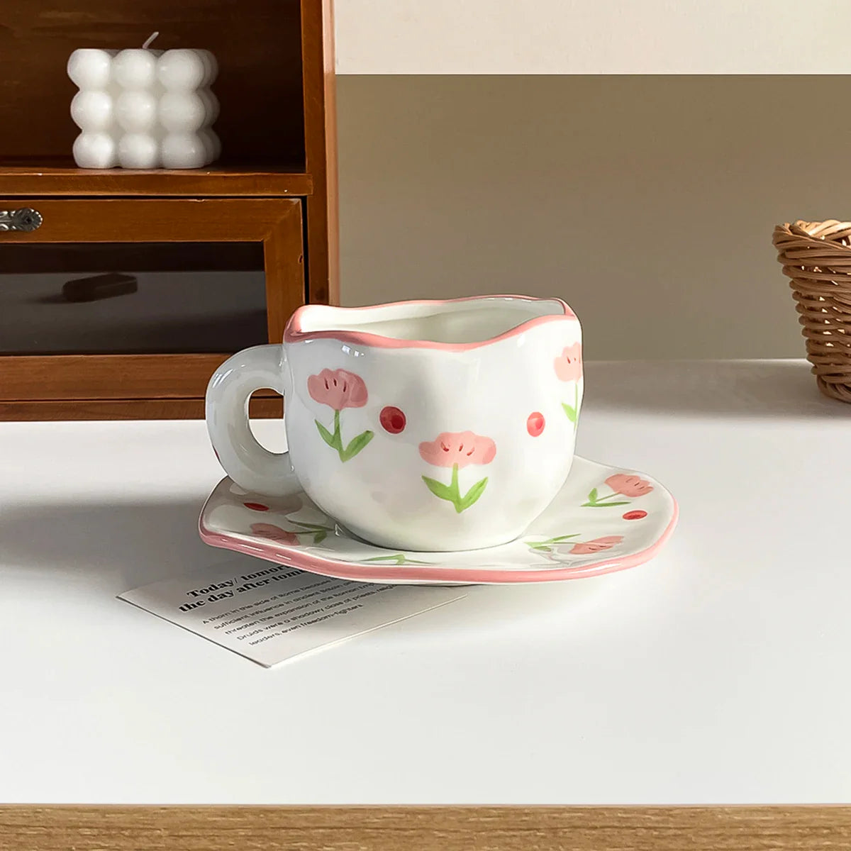 1Pc280Ml Original Design Scandinavian Style Hand-Kneaded Ceramic Coffee Cup and Saucer Multi-Color Plaid Heart Blue Sky and White Clouds Flower Mug Suitable for Afternoon Tea Milk Cup and Saucer Latte Cup Dessert Plate Cup an