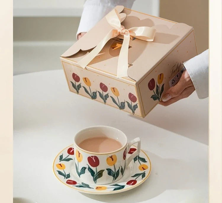 Hand Drawn Tulip Coffee Cup Set Ceramic Mug Dish Milk Juice Afternoon Tea Cup Plate Ceramic Cups with Hand Gift