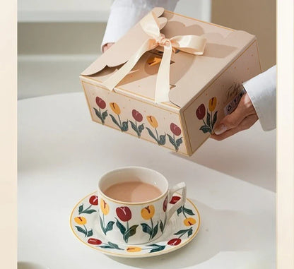 Hand Drawn Tulip Coffee Cup Set Ceramic Mug Dish Milk Juice Afternoon Tea Cup Plate Ceramic Cups with Hand Gift