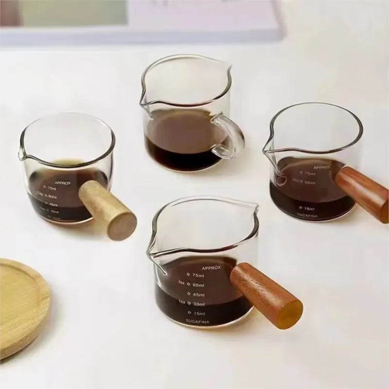 5-10PCS Wooden Handle With Scale Glass Coffee Measuring Cup espresso Milk Latte Transparent Kitchen Coffee Accessories